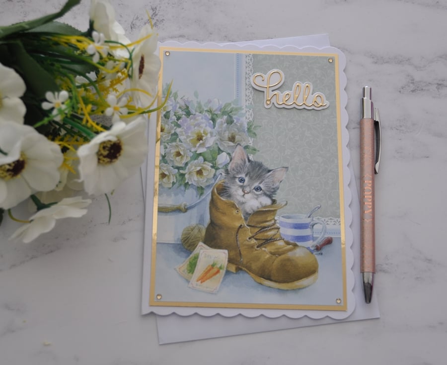 Hello Card Cat Kitten Flowers Birthday Any Occasion Card 3D Luxury Handmade