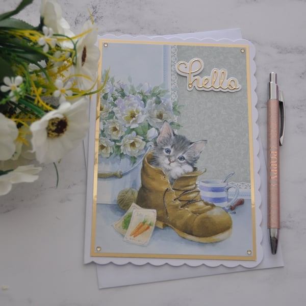 Hello Card Cat Kitten Flowers Birthday Any Occasion Card 3D Luxury Handmade