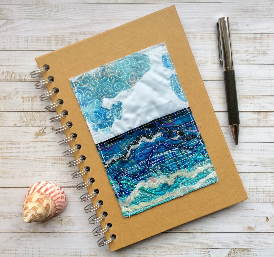 A5 embroidered seascape hardback lined notebook or journal. 