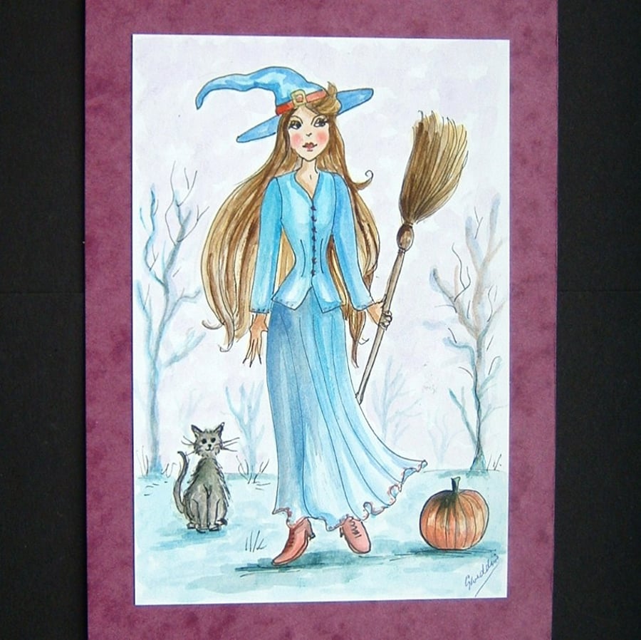 Halloween witch and cat painting art original ref 252