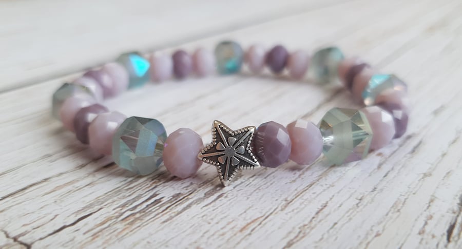 Elasticated Bracelet - Star Crystal Orbit Mixed Bead Bracelet - Lilac Shimmer