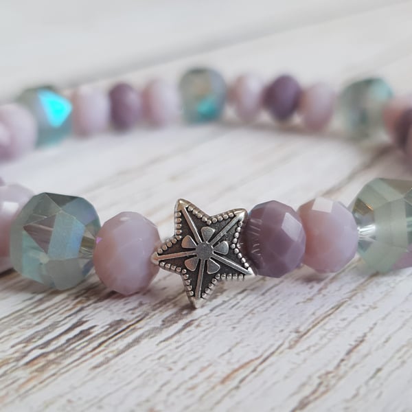 Elasticated Bracelet - Star Crystal Orbit Mixed Bead Bracelet - Lilac Shimmer