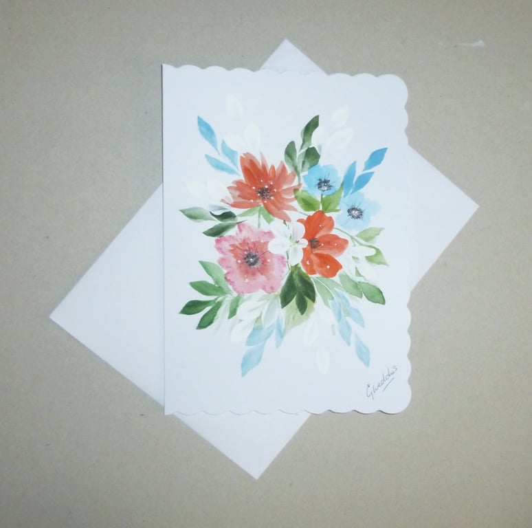 original art hand painted floral greetings card ( ref FA 482  H2 )