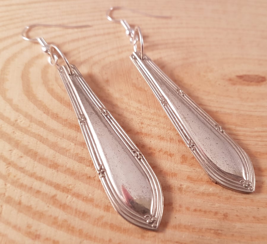Upcycled Silver Plated Gothic Sugar Tong Handle Drop Dangle Earrings SPE101710