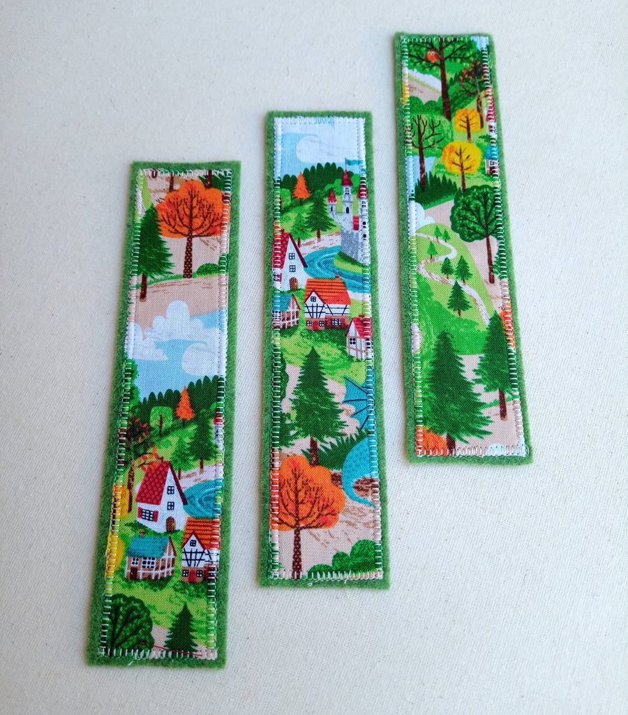 Bookmark, castle village fabric backed with wool felt