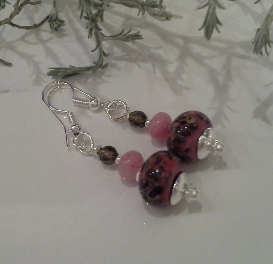 Hand Made Frit Lampwork Beads,  Quartzite,  Smokey Quartz  Earrings Silver Plate