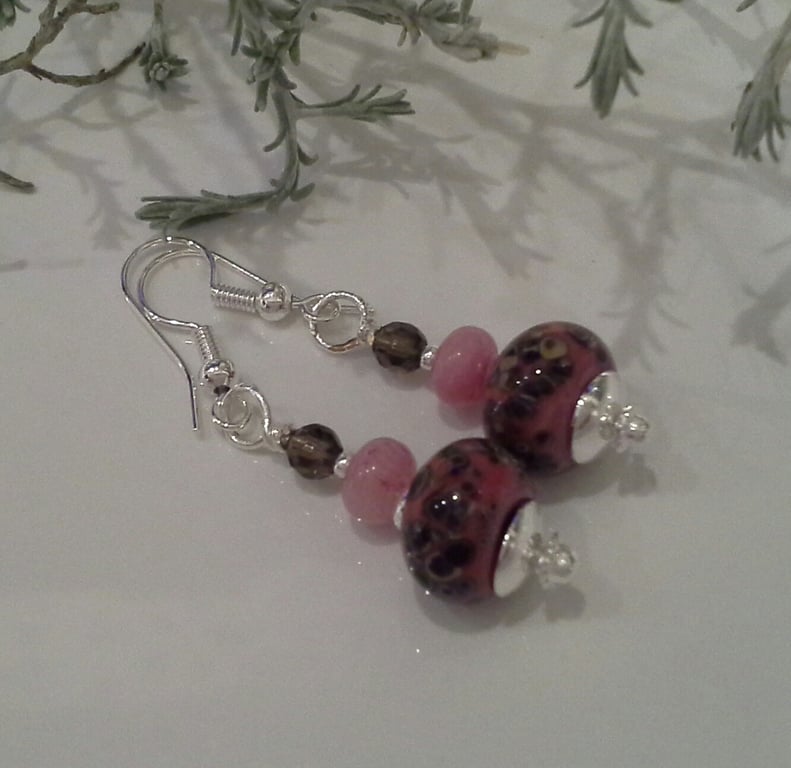 Designer Frit Lampwork Beads, Quartzite, Smokey Quartz Earrings Silver Plate