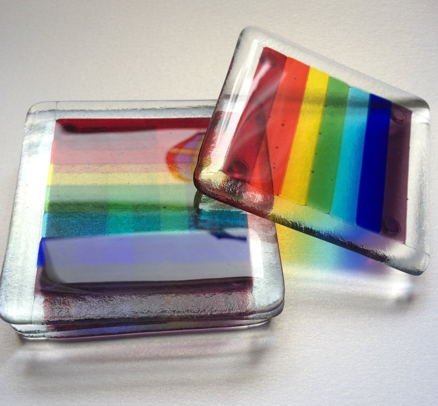 Pair of Fused Glass Rainbow Coasters