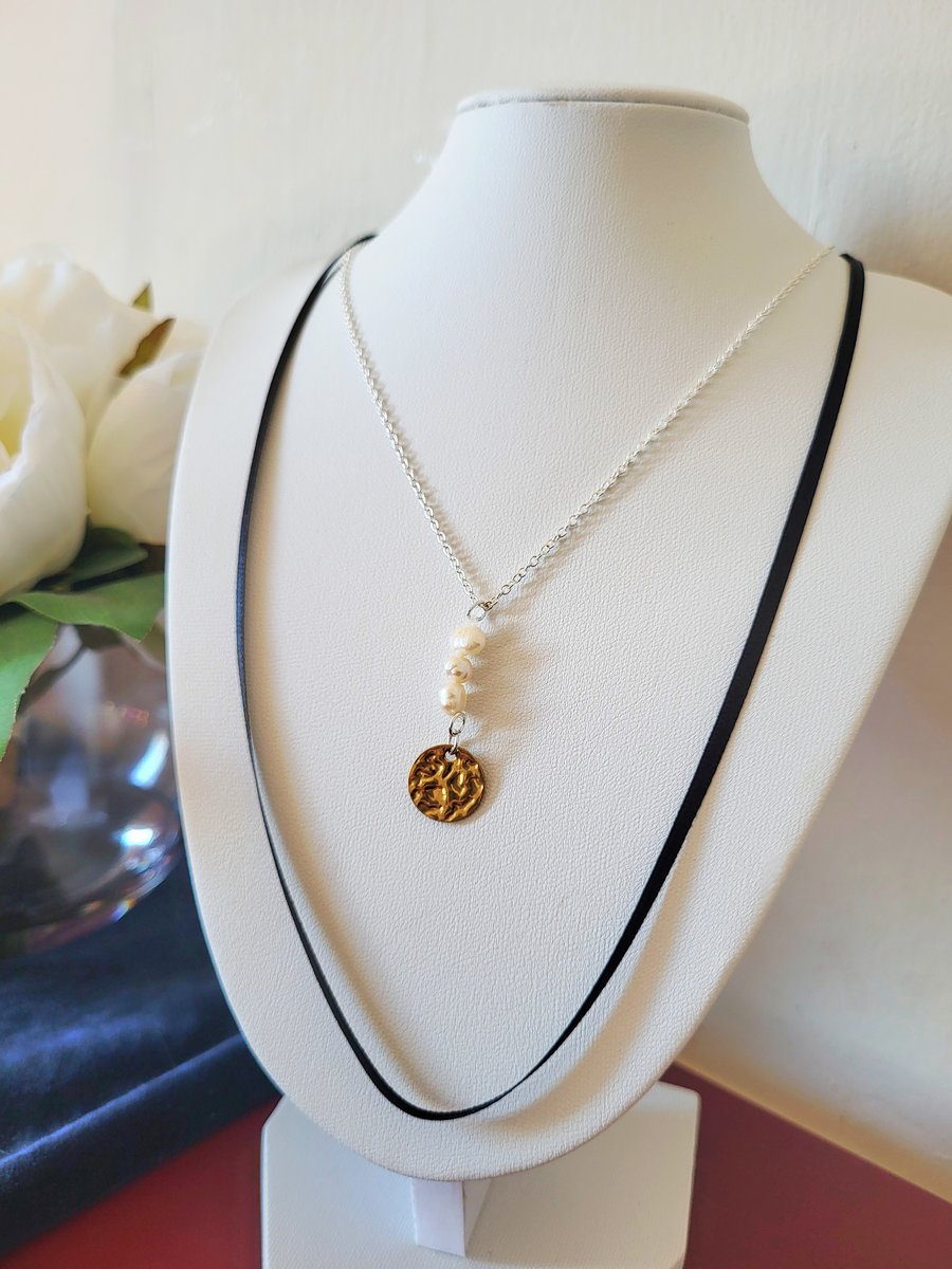 Fresh water pearl charm and ribbon sterling silver necklace