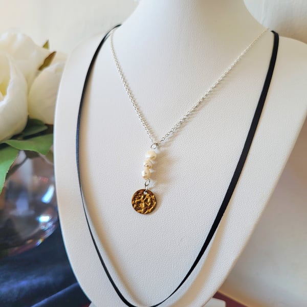 Fresh water pearl charm and ribbon sterling silver necklace