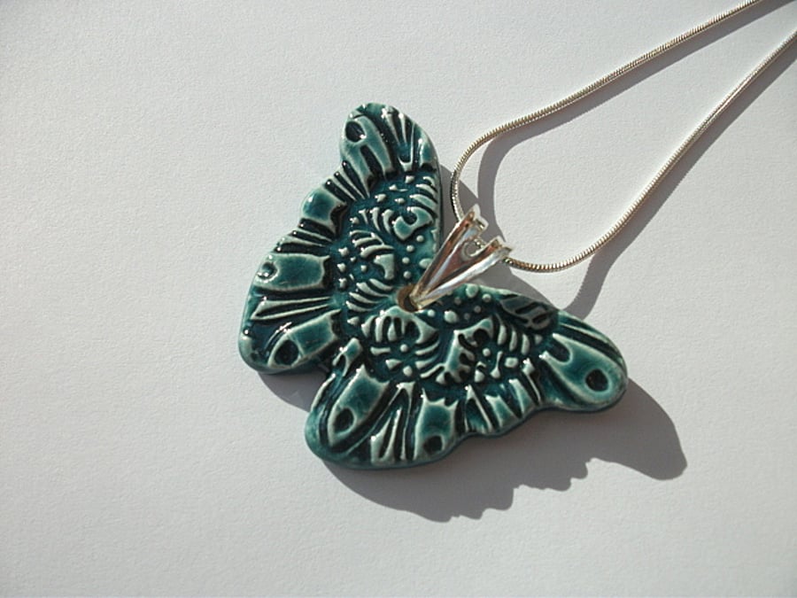 Ceramic Peacock Green Butterfly Pendant Necklace - Sterling Silver