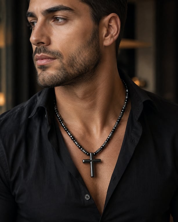 Men’s Black Onyx & Hematite Cross Necklace – 21 Inches – Any Size Available