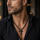 Men’s Black Onyx & Hematite Cross Necklace – 21 Inches – Any Size Available