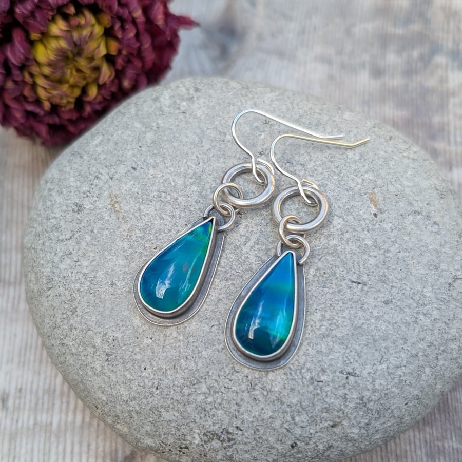 Sterling Silver Blue Aurora Opal Teardrop Earrings - JBJ6008