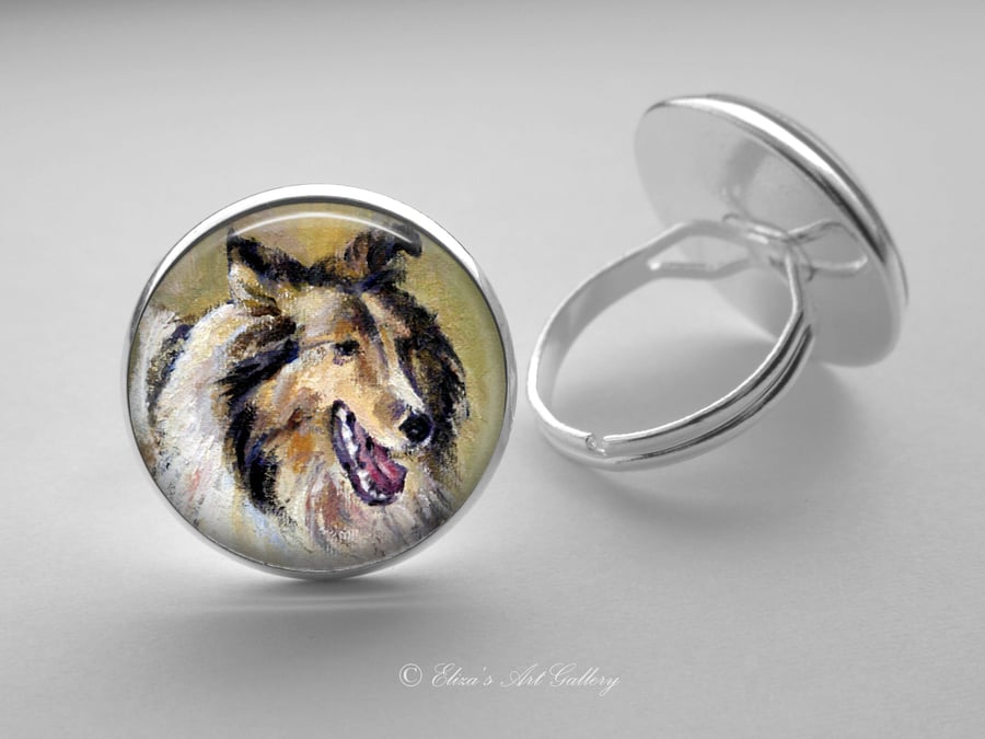 Silver Plated Sheltie Shetland Sheepdog Art Glass Cabochon Ring
