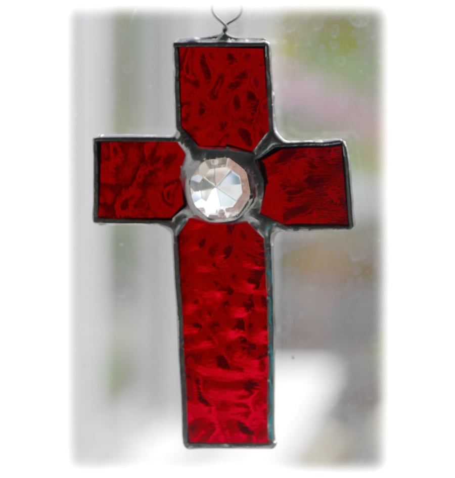 Small Cross Suncatcher Stained Glass Handmade Sky Red Crystal 004