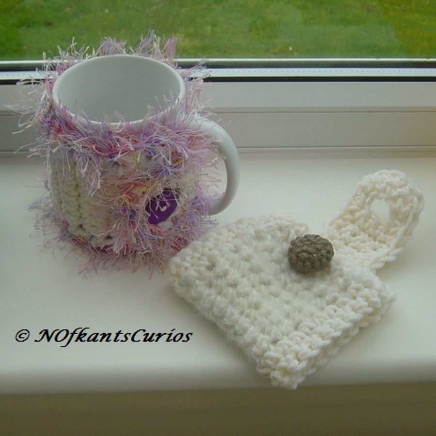His and Hers Yarn Mug Cosies, Cream & Grey and Cream & Lilac