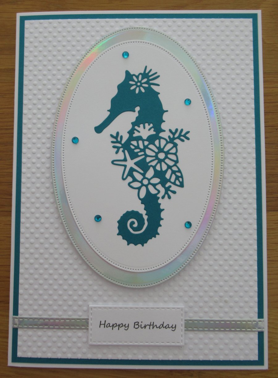 Seahorse Silhouette - A5 Birthday Card - Teal