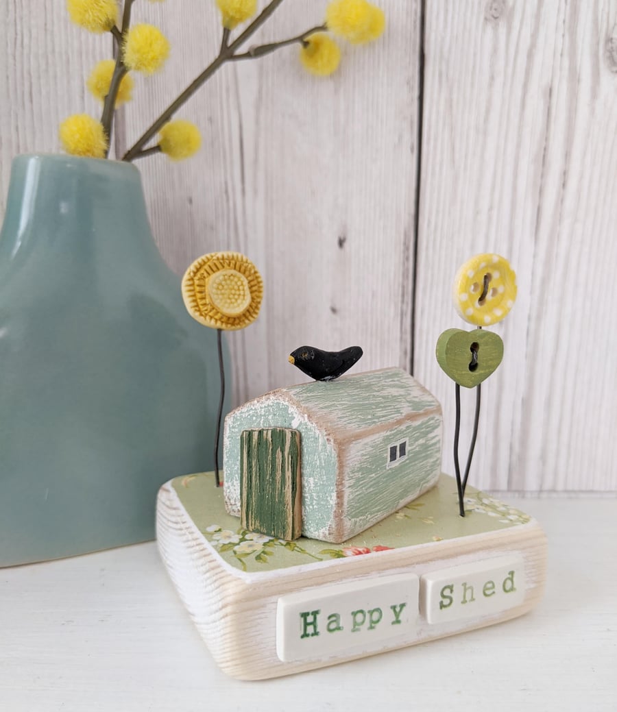 SALE - Garden Shed with Heart, Flowers and Blackbird 'Happy Shed'