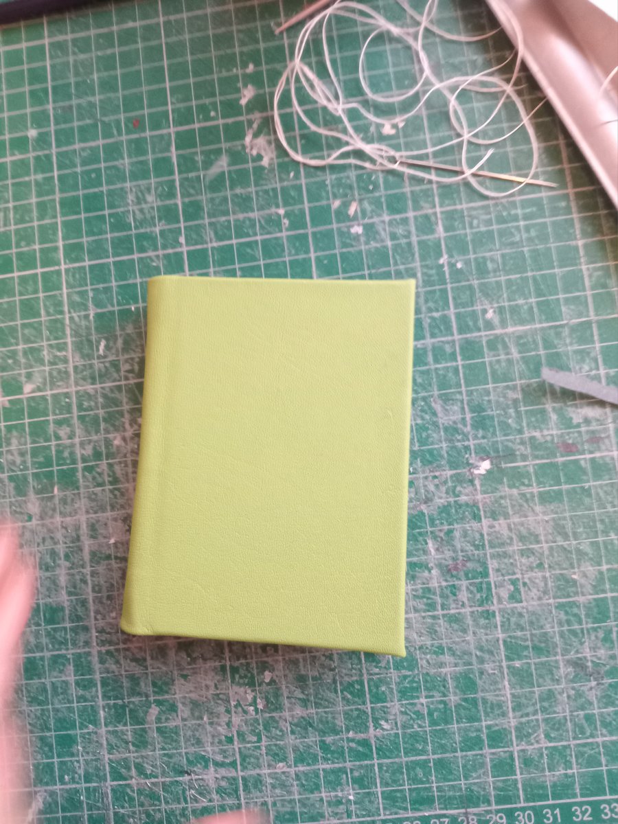Small noteebook with green Leather binding . Handmade from scratch, about  A7