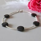Sparkly Midnight Blue Goldstone Coin Beads & Sterling Silver Bangle Bracelet