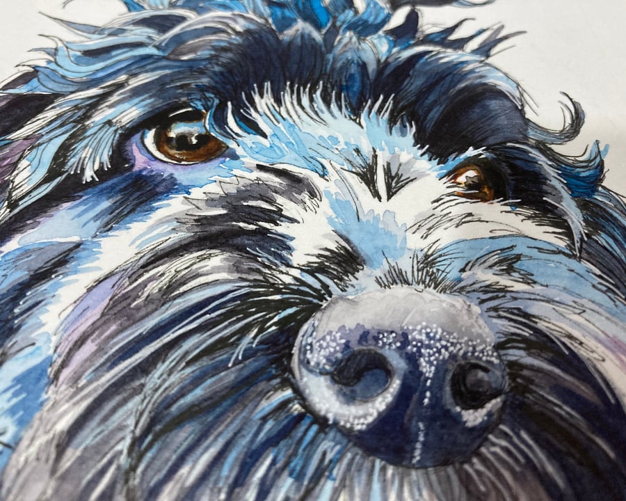 Small Watercolour Original Painting of Black Cockapoo Dog for 8" Frame