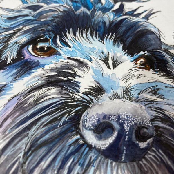 Small Watercolour Original Painting of Black Cockapoo Dog for 8" Frame