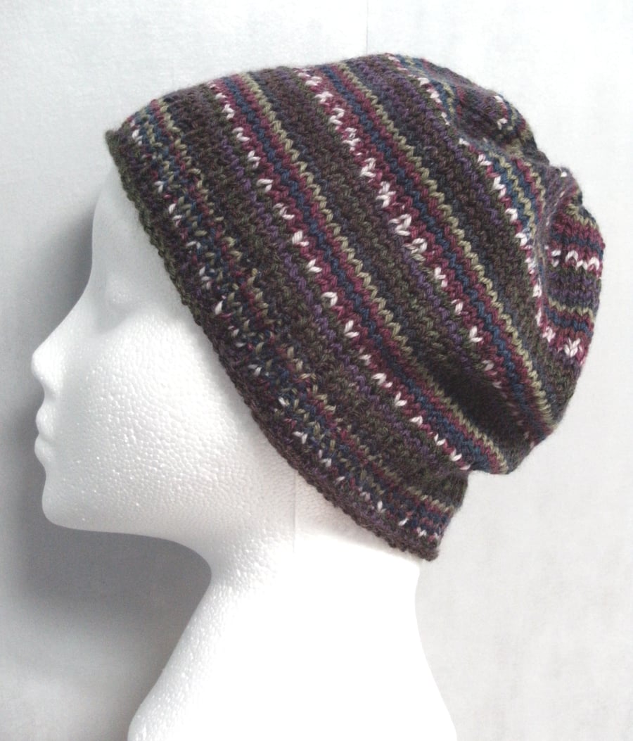 Handknit Beanie Hat 100% MERINO Stripey jacquard in Autumn Berries