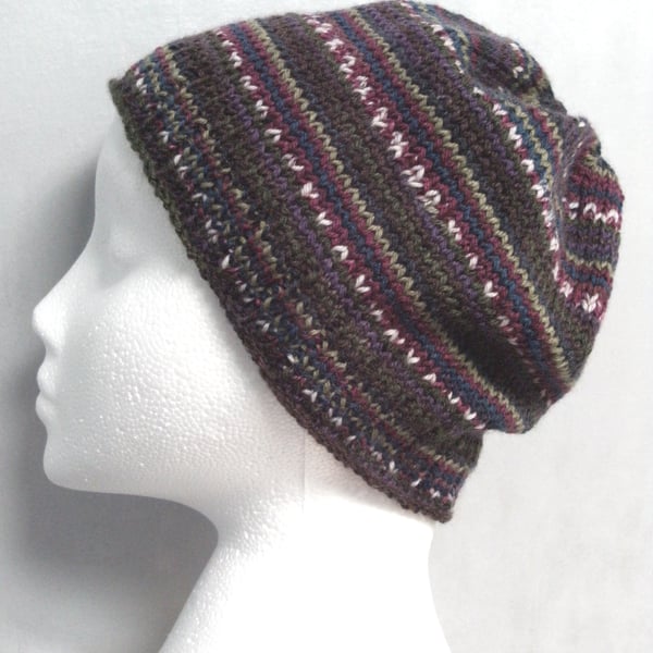 Handknit Beanie Hat 100% MERINO Stripey jacquard in Autumn Berries