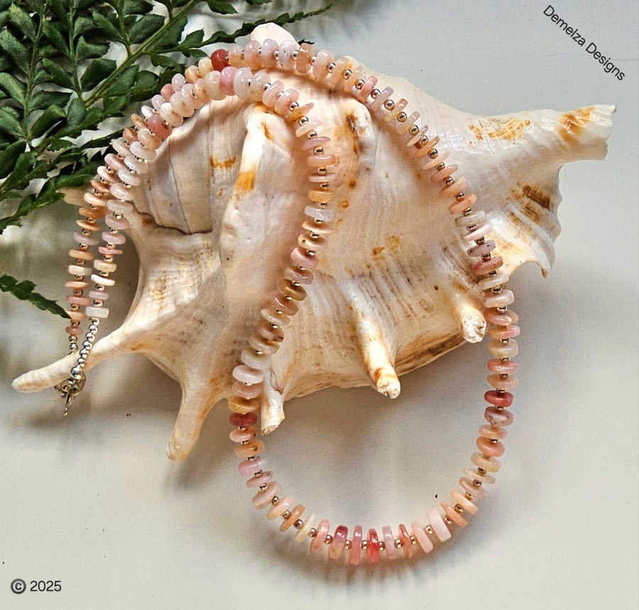 Natural Peruvian Pink Opal AA Grade Sterling Silver Necklace