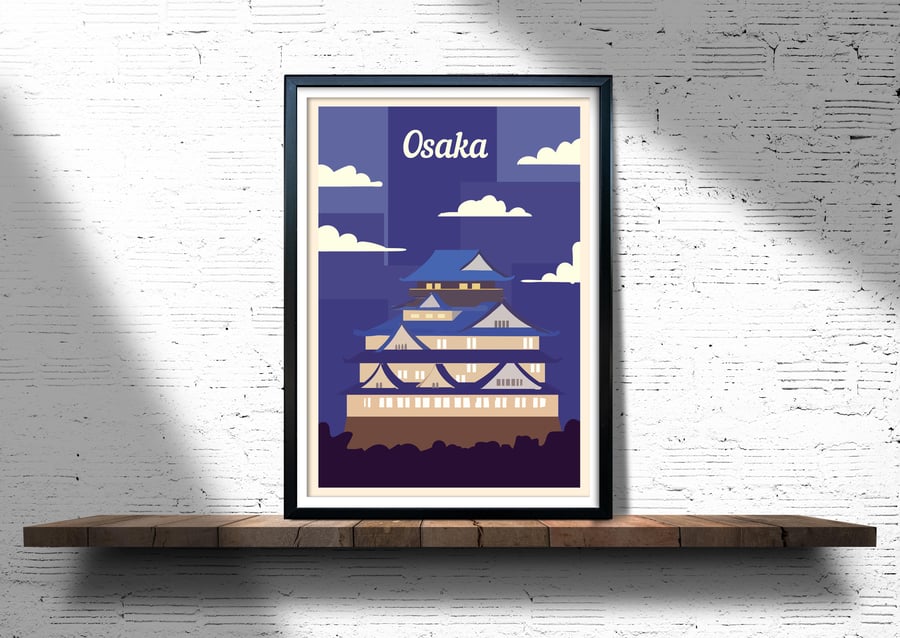 Osaka retro travel poster, Osaka travel print, Japan travel print