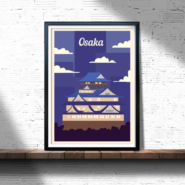 Osaka retro travel poster, Osaka travel print, Japan travel print