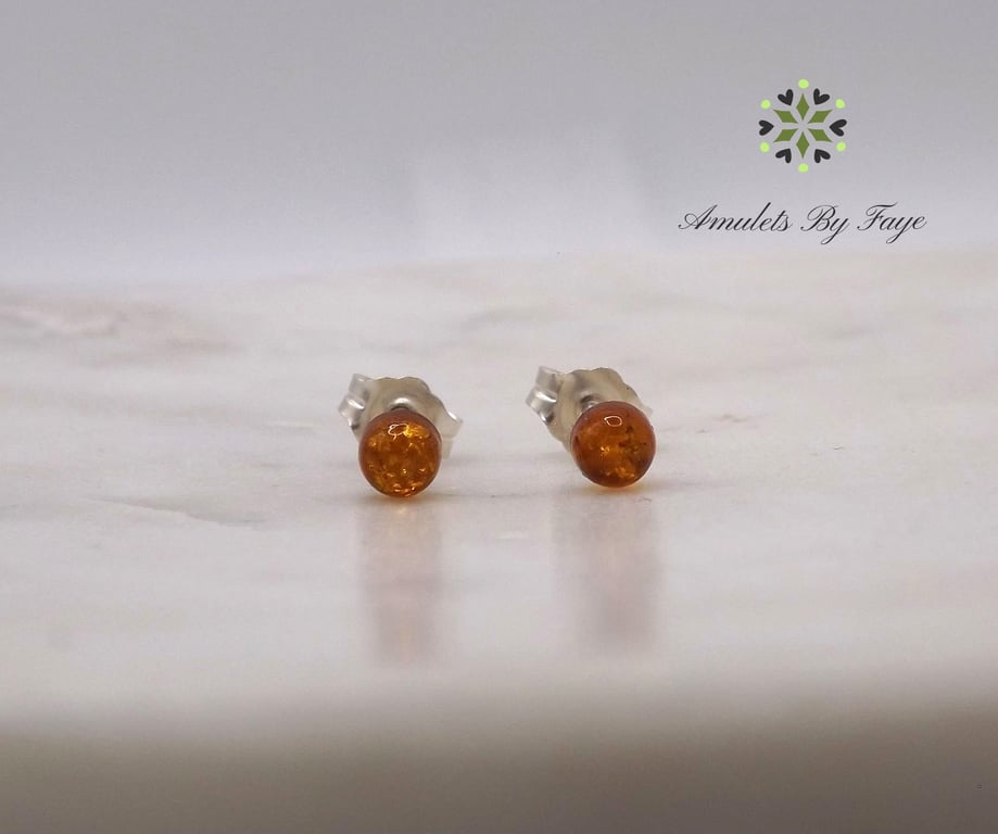 Amber Round Cabochon 4mm Gemstone Sterling Silver Stud Earrings.