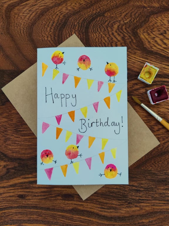 Original Hand-Painted Birthday Bird Card, Colour Choice