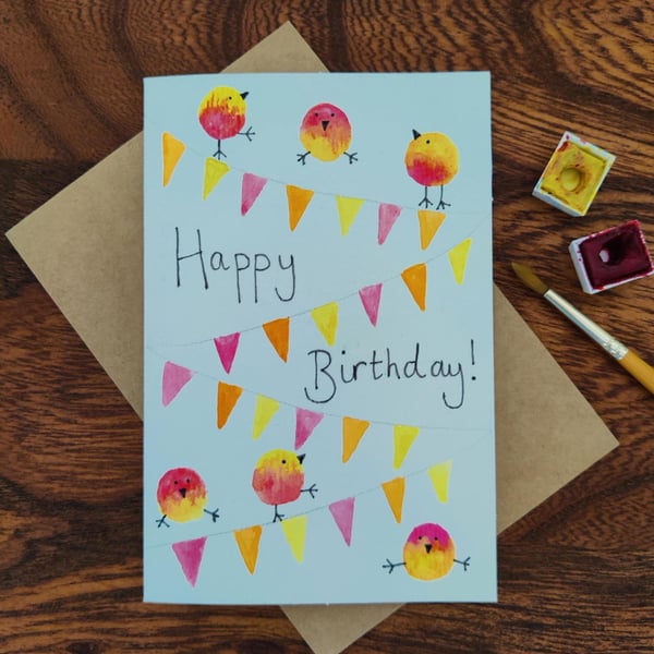 Original Hand-Painted Birthday Bird Card, Colour Choice