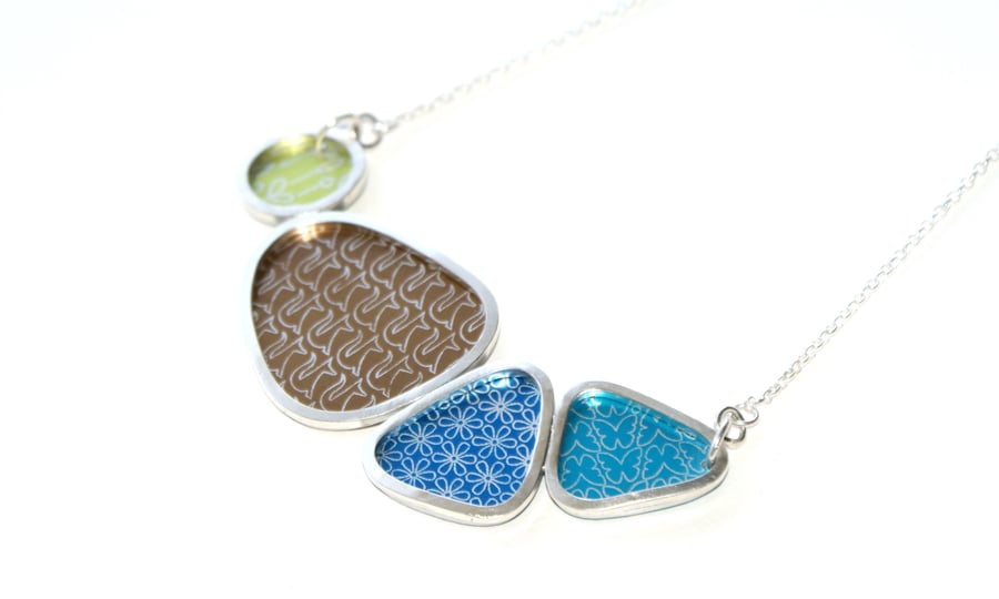Silver bronze & blue bib necklace - fox and flower pattern