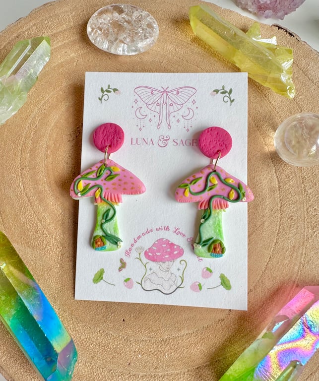 Rainbow Mushroom Earrings, Lemon Fairy house Polymer Clay Earrings,