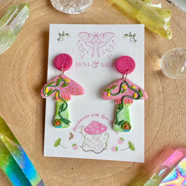Rainbow Mushroom Earrings, Lemon Fairy house Polymer Clay Earrings,