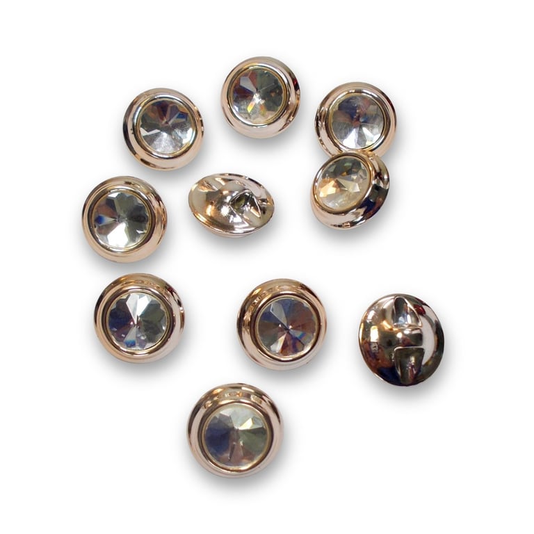 Gold faux metal and glass fancy shank buttons 20mm approximately. Pack of 10