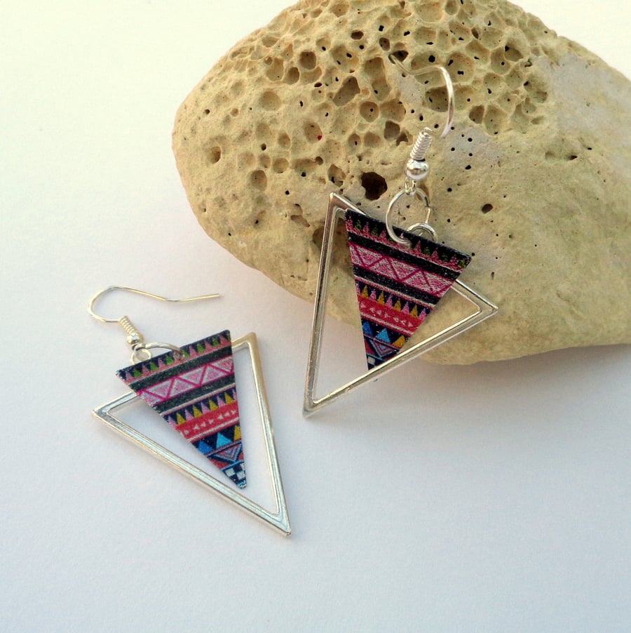 Aztec style silver triangle geometric dangle earrings
