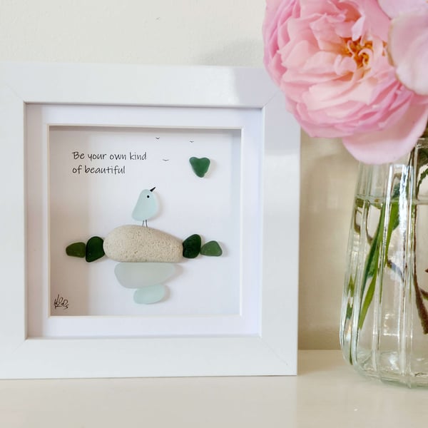 Sea Glass Bird Art - Framed Beach Glass Affirmation Picture Gift for Friends