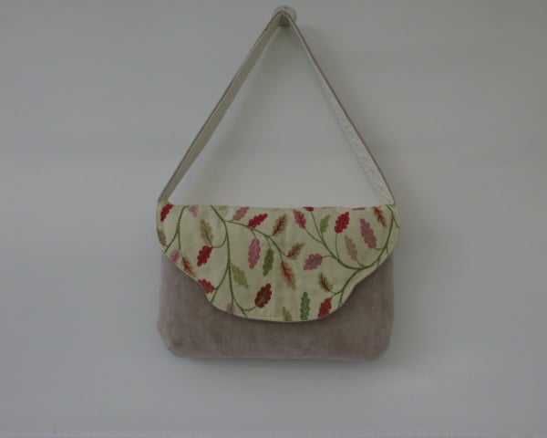 Faux suede hand bag shoulder bag with trailing leaf embroidery 