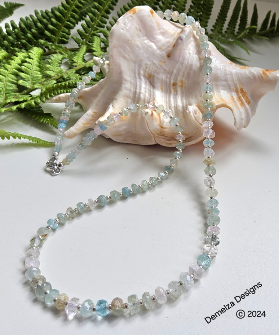 Multi Beryl Faceted Rondelle Aquamarine, Morganite' Sterling Silver Necklace