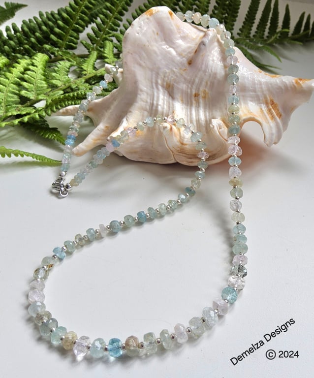Multi Beryl Faceted Rondelle Aquamarine, Morganite' Sterling Silver Necklace