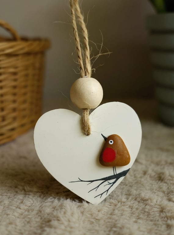 Sea Glass Robin Hanging Heart Dec - Beach Glass - Wooden Ornament Gift Tag