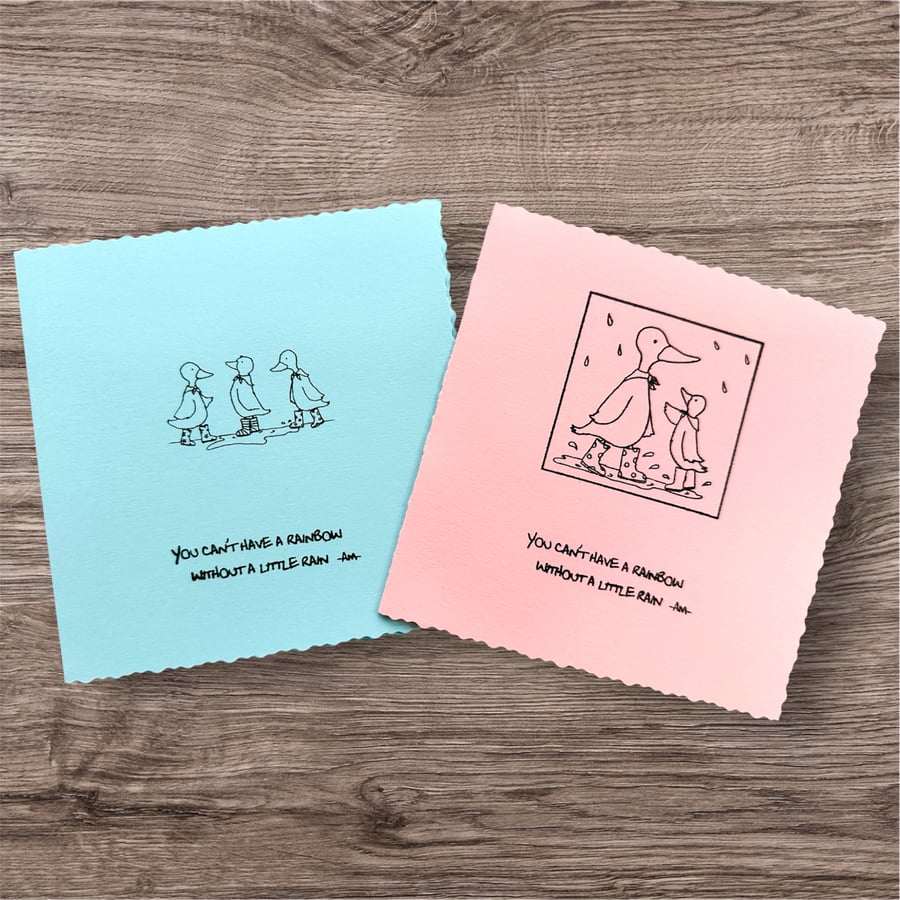Pack of 2 duck themed emotional quotes cards rainbows in the rain 