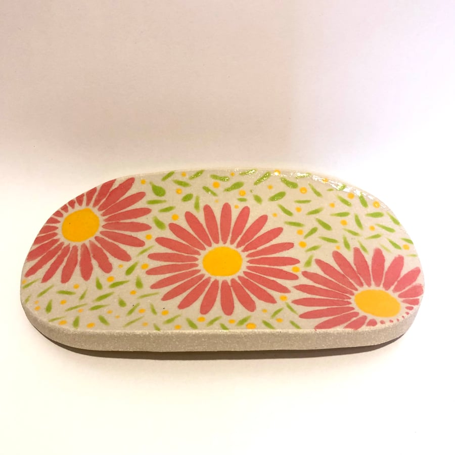 PINK DAISY DISH-HANDPAINTED STONEWARE CERAMIC