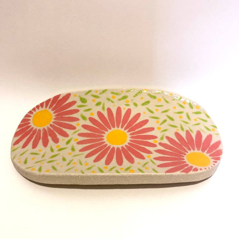 PINK DAISY DISH-HANDPAINTED STONEWARE CERAMIC