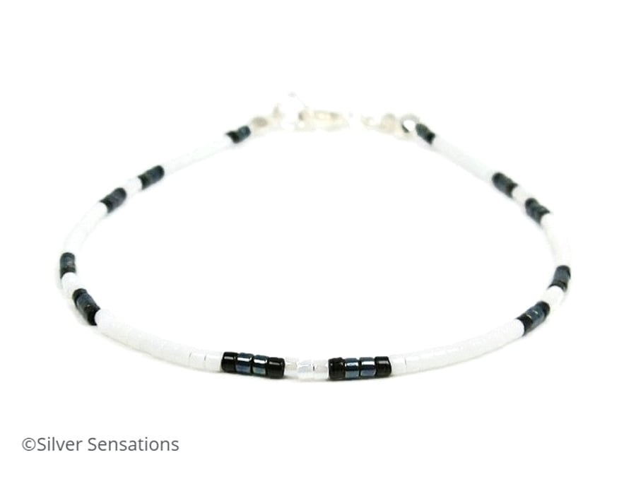 Black & White Seed Beads Tiny Bracelet - Boho Fashion Bracelet - 6.5" - 8.5"
