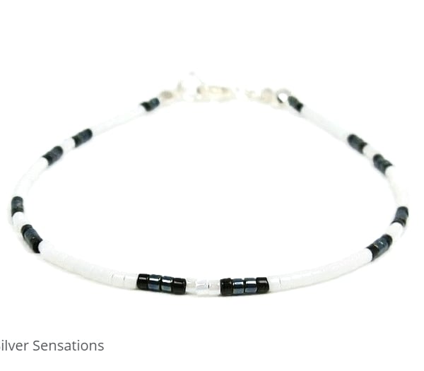 Black & White Seed Bead Bracelet - Friendship Boho Fashion Bracelet - 6.5" - 8"